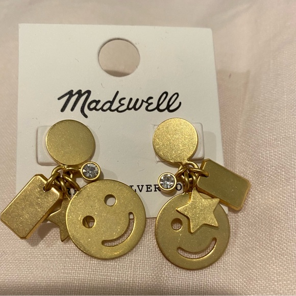 NWT Madewell Gold Charm Earrings. Smiley Face, Stars. Sterling Silver Posts. - Picture 5 of 6